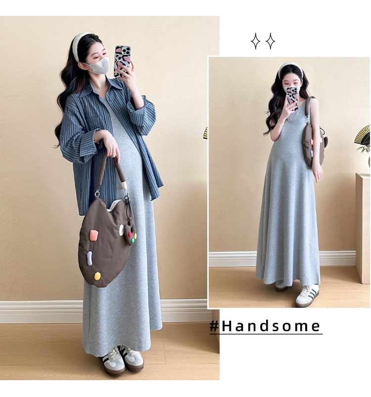 Striped Maternity Long Sleeve Shirt with Tank Dress