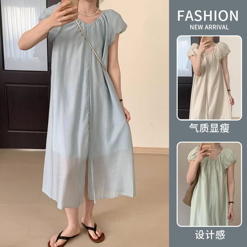 Puff Sleeve Maternity V-Neck Front Slit Sundress