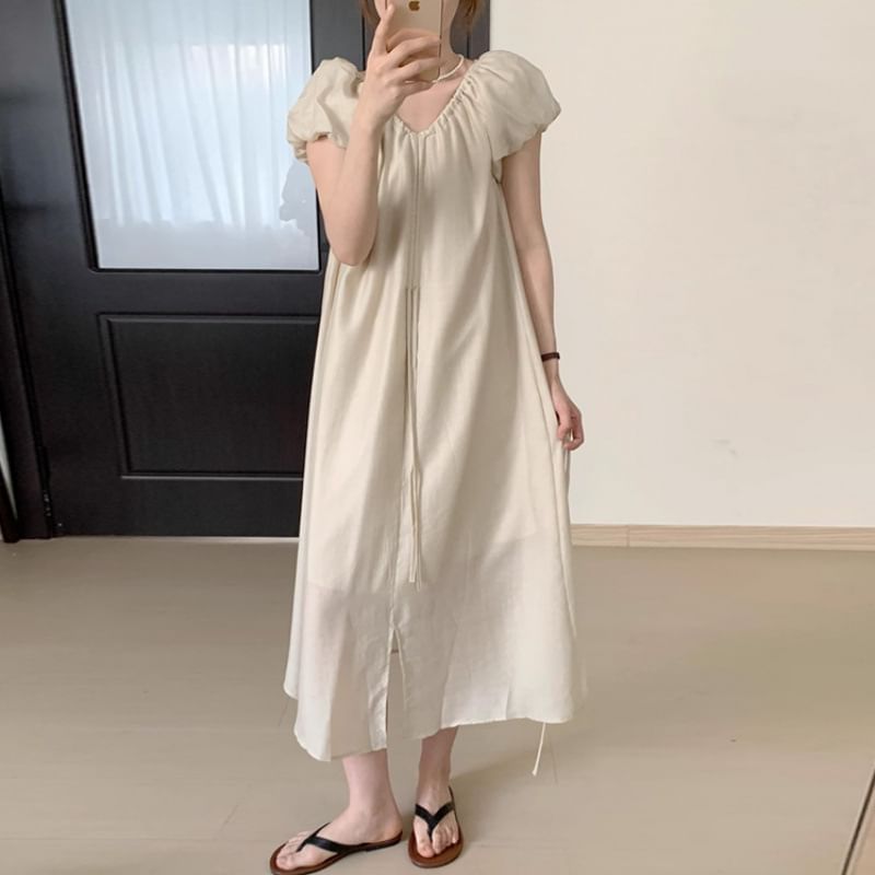 Puff Sleeve Maternity V-Neck Front Slit Sundress