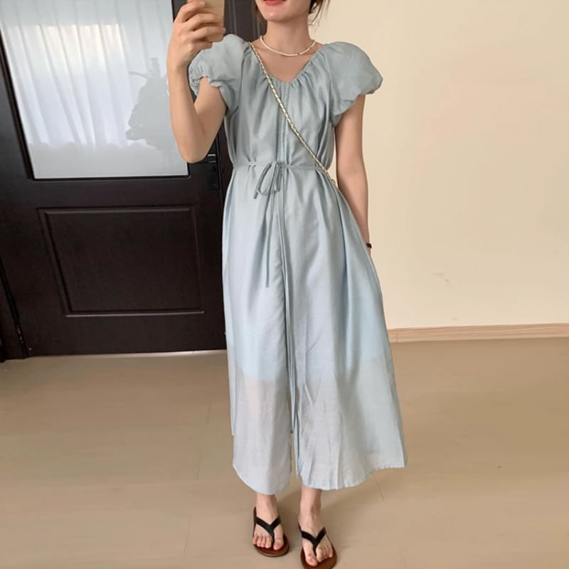 Puff Sleeve Maternity V-Neck Front Slit Sundress