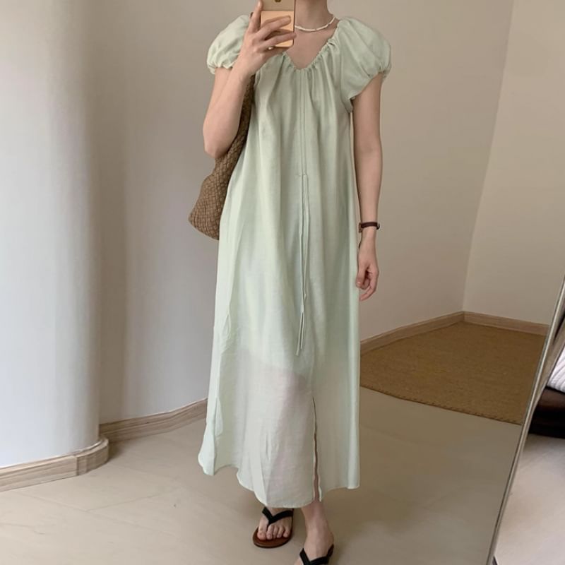 Puff Sleeve Maternity V-Neck Front Slit Sundress