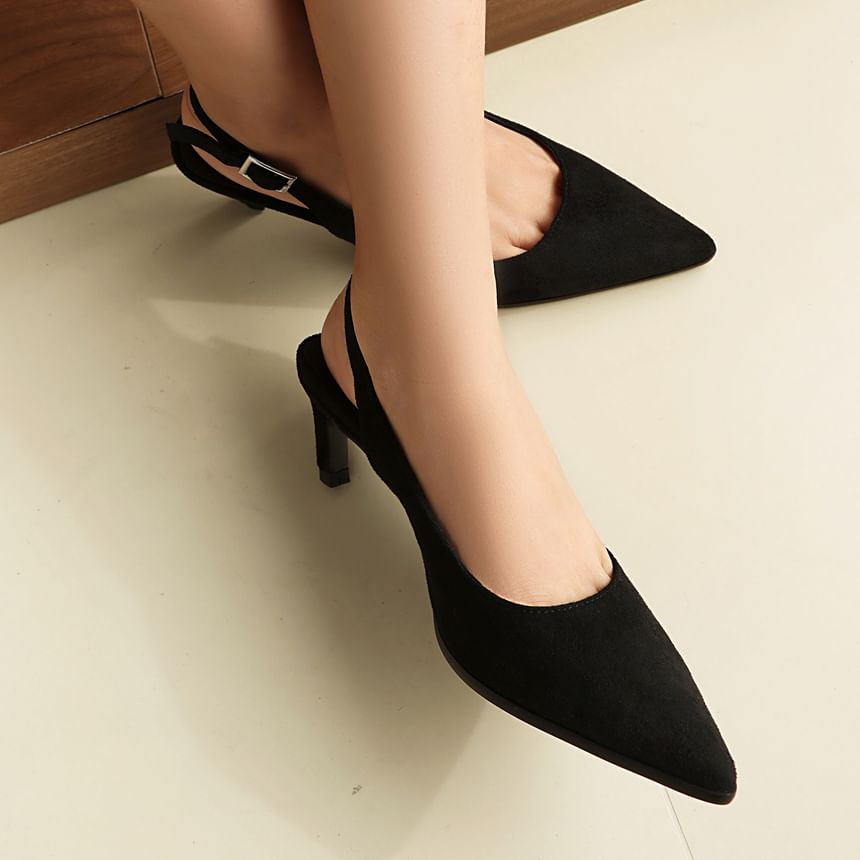 Kitten Heel Pointed Toe Faux Suede Slingback Sandals