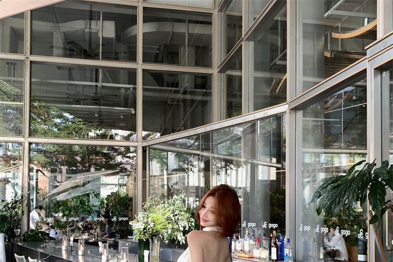 Rise Top Leg Plain / Sleeveless High Halter Crop Wide Pants Neck