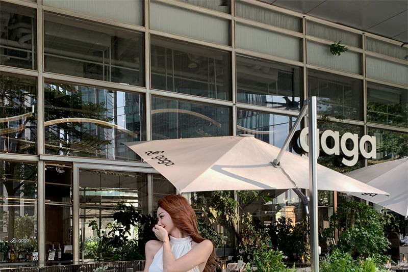 Rise Top Leg Plain / Sleeveless High Halter Crop Wide Pants Neck