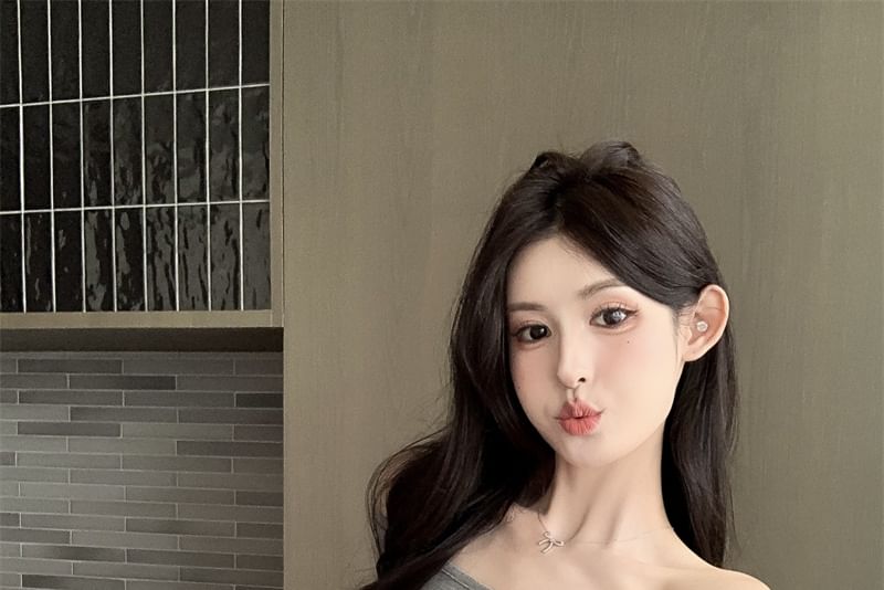 Long-Sleeve Plain Off Top Shoulder Lace Panel