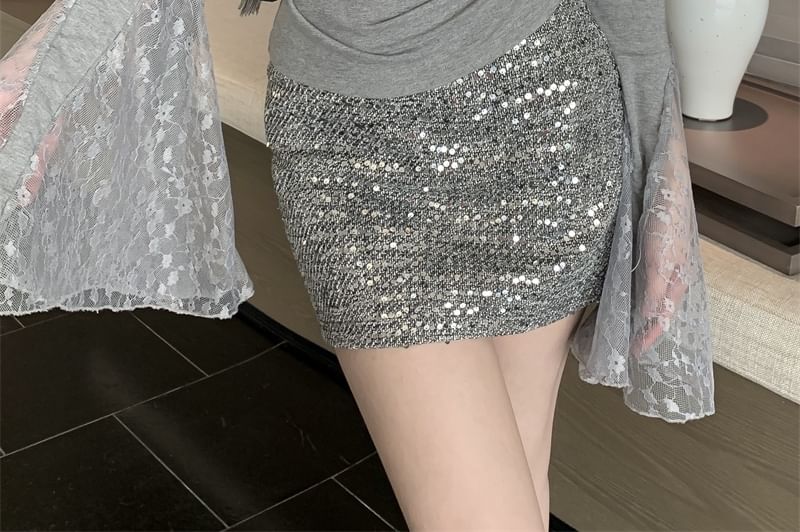 Long-Sleeve Plain Off Top Shoulder Lace Panel