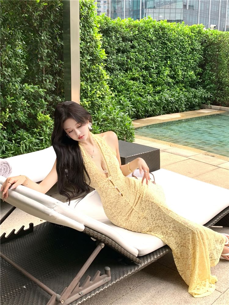 Lace Gown Evening Mermaid V-Neck Halter