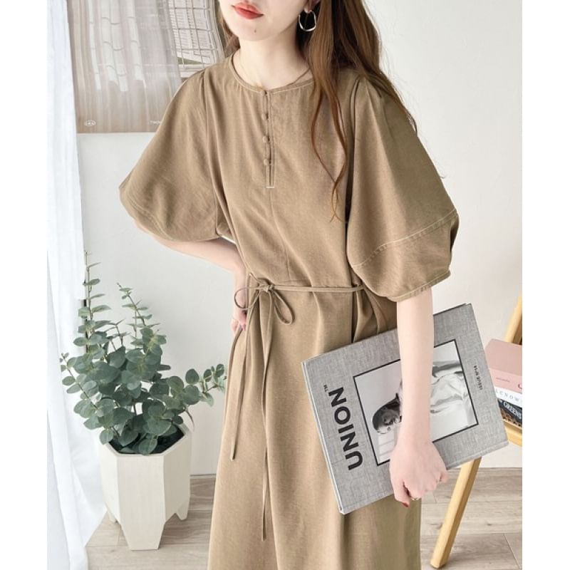Button Slit Balloon Sleeve Contrast Stitch A-Line Maxi