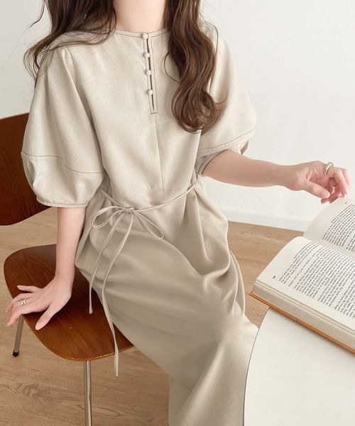 Button Slit Balloon Sleeve Contrast Stitch A-Line Maxi