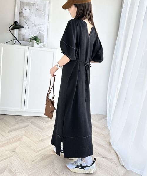 Button Slit Balloon Sleeve Contrast Stitch A-Line Maxi