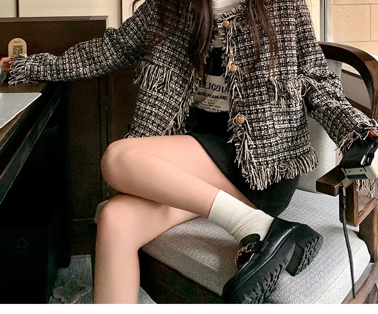 Tweed Tassel Trim Button-Up Jacket