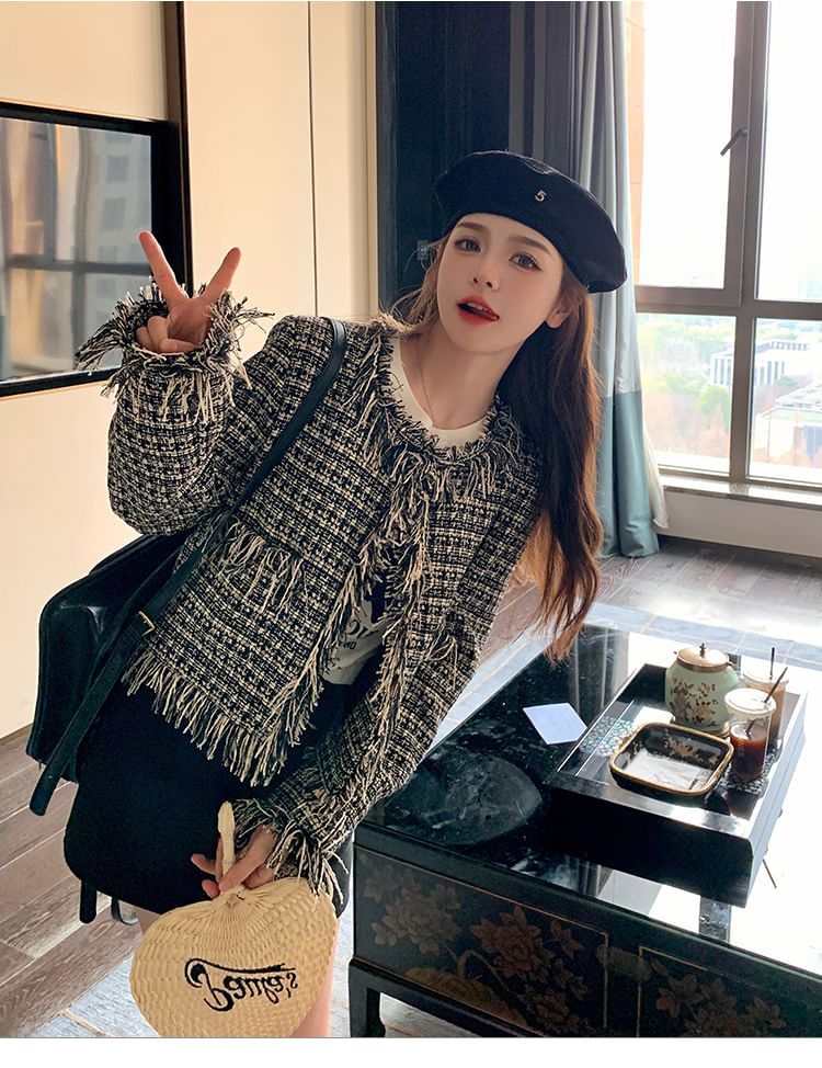 Tweed Tassel Trim Button-Up Jacket