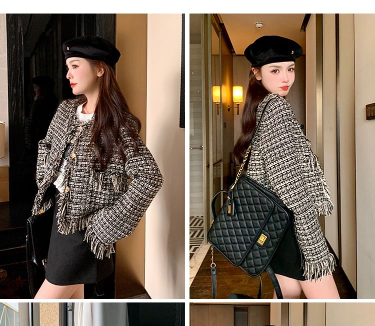 Tweed Tassel Trim Button-Up Jacket