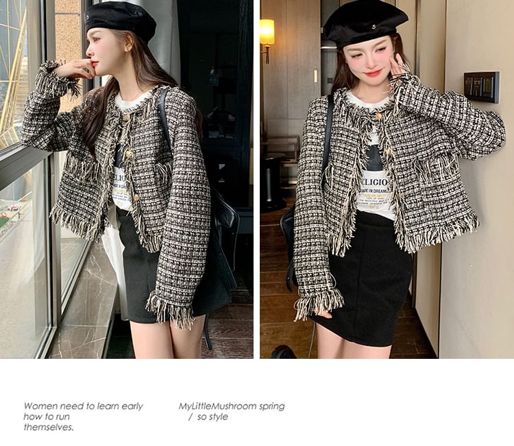 Tweed Tassel Trim Button-Up Jacket