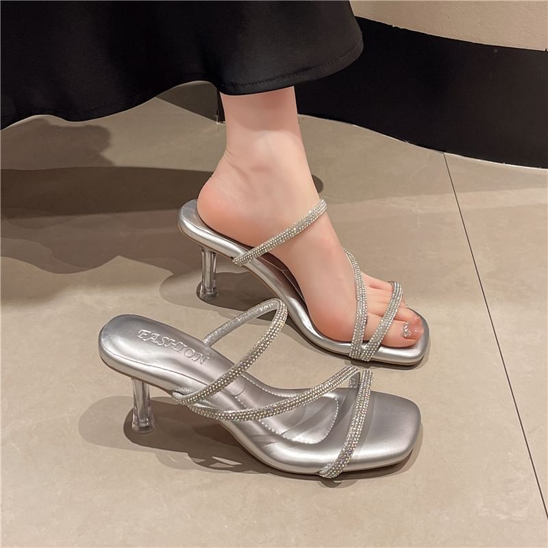 Low Heel Rhinestone Slide Sandals