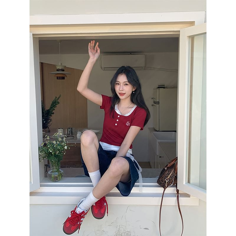 Mock Crop Two-Piece Top Square Short-Sleeve Neck