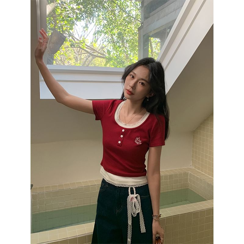 Mock Crop Two-Piece Top Square Short-Sleeve Neck