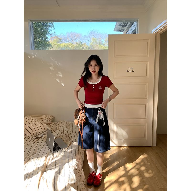 Mock Crop Two-Piece Top Square Short-Sleeve Neck