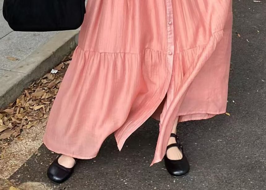 Collared Button-Up Long Sleeve Tunic Maxi Dress