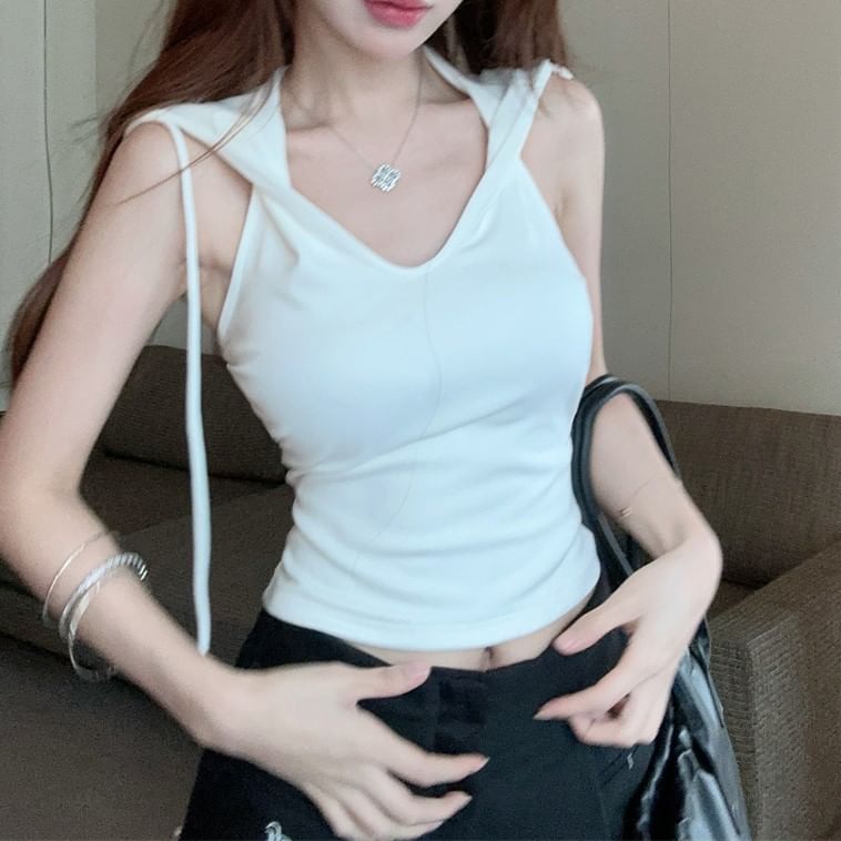 Top Hooded Sleeveless Plain V-Neck Crop
