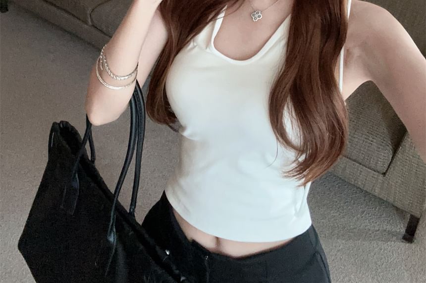 Top Hooded Sleeveless Plain V-Neck Crop