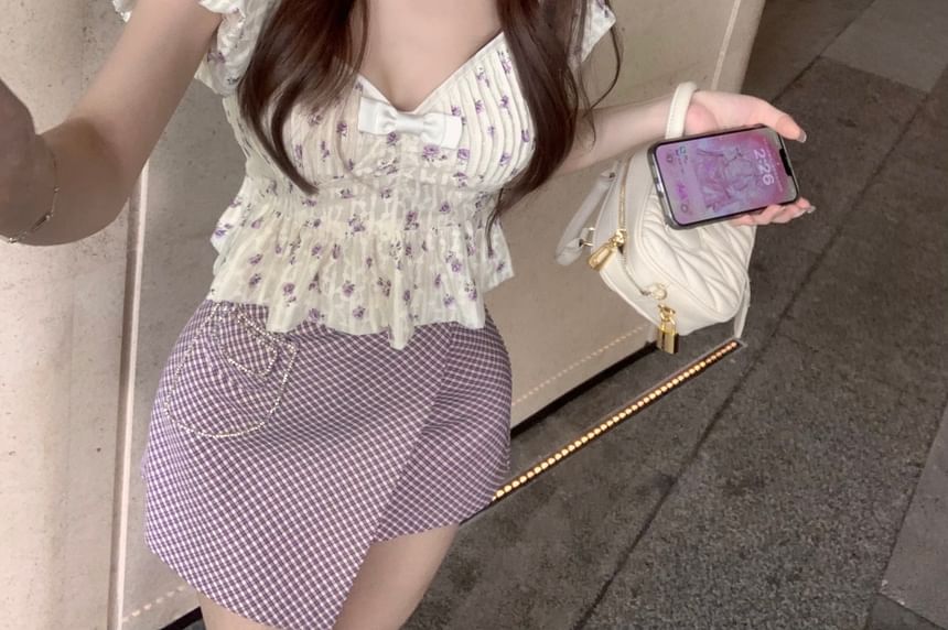 / Puff-Sleeve Skirt Mini Plaid Floral Peplum Pencil Cropped Blouse Asymmetrical Bow Rise High