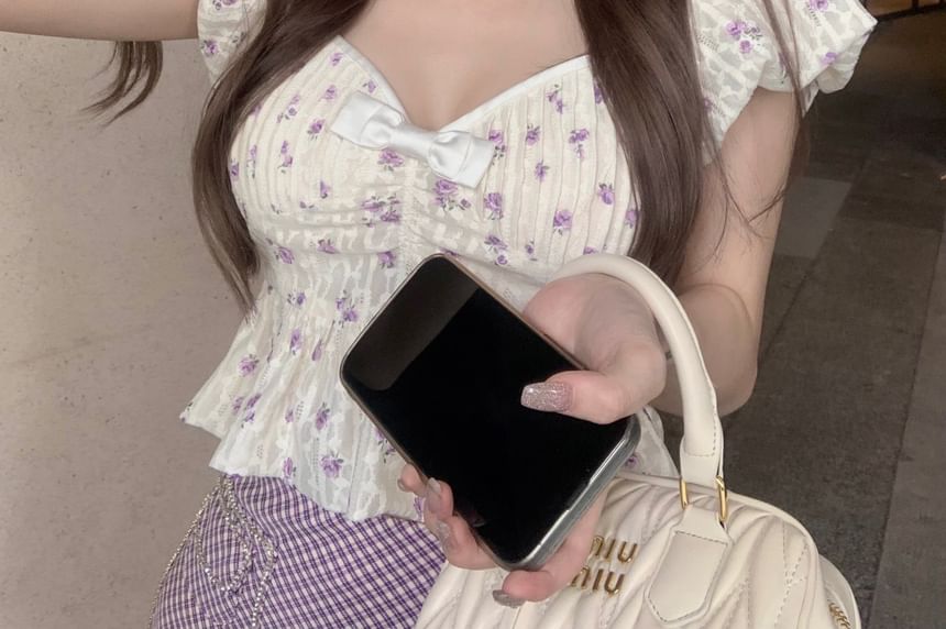 / Puff-Sleeve Skirt Mini Plaid Floral Peplum Pencil Cropped Blouse Asymmetrical Bow Rise High