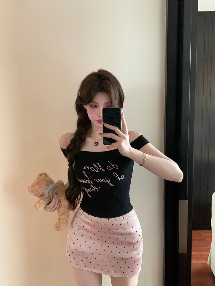 Skirt Embroidered Lettering Waist Slim Fit Pencil Tank Top Dotted / Off-Shoulder Mini High
