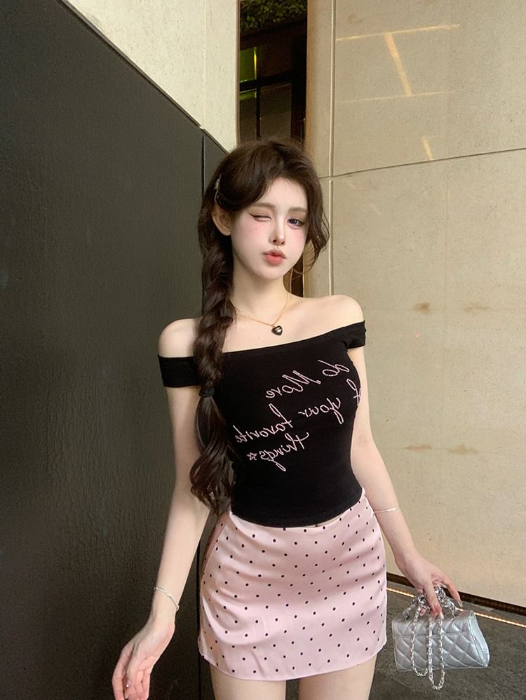 Skirt Embroidered Lettering Waist Slim Fit Pencil Tank Top Dotted / Off-Shoulder Mini High