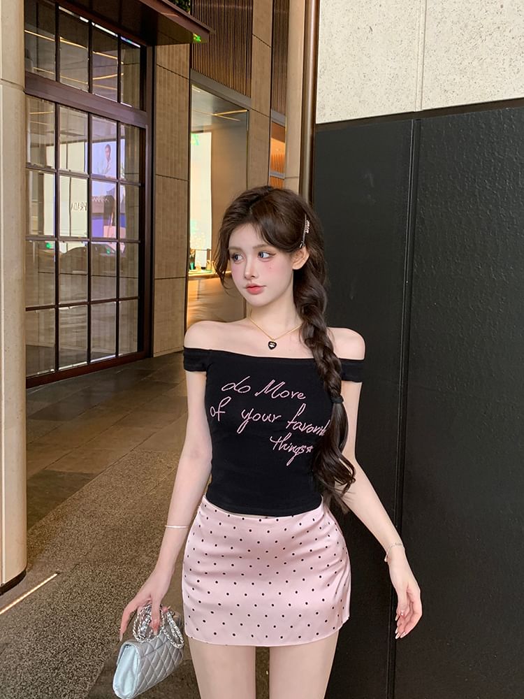 Skirt Embroidered Lettering Waist Slim Fit Pencil Tank Top Dotted / Off-Shoulder Mini High