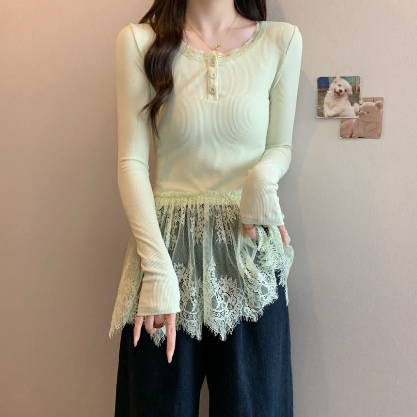 Long-Sleeve Fit Henley Peplum Panel Lace Slim T-Shirt