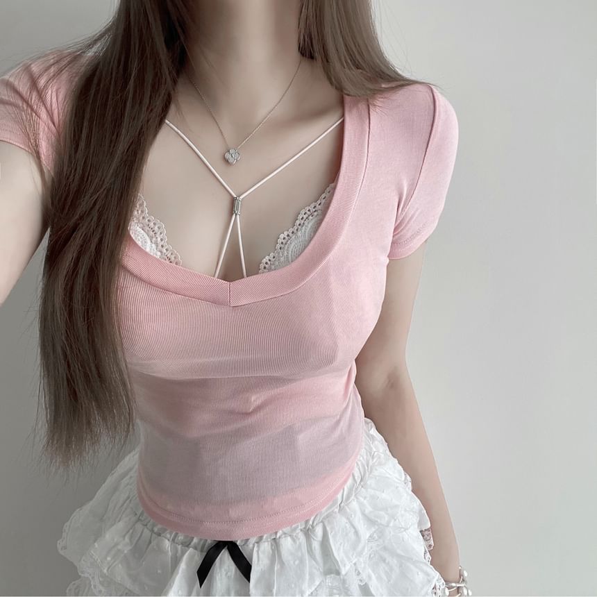 Top Crop T-Shirt Short-Sleeve / Fit Bra Slim Neck Scoop Halter Lace Plain