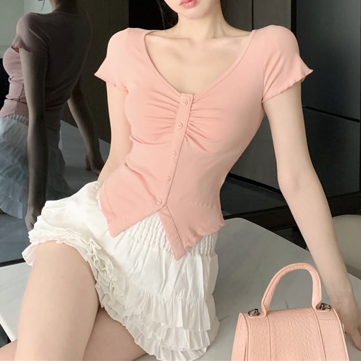 Skirt High Mini / Waist Layered A-Line V-Neck Frill Tee Plain Ruched Trim Slit Short-Sleeve Crop
