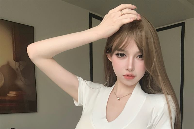 Crop Fit Tee Plain Slim Short-Sleeve V-Neck