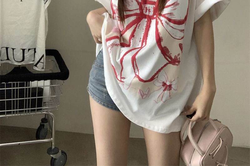 Bow Round Elbow-Sleeve Neck Oversized T-Shirt Print