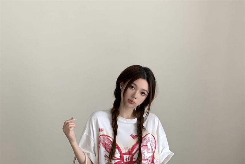 Bow Round Elbow-Sleeve Neck Oversized T-Shirt Print