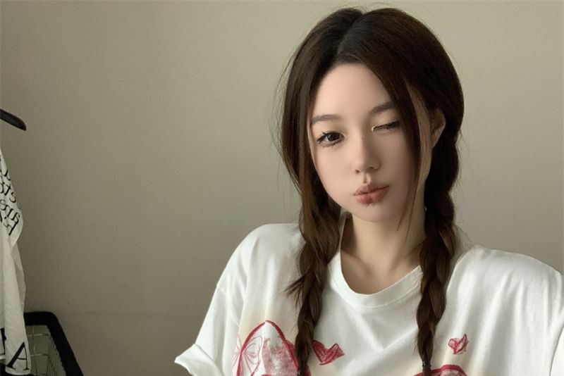 Bow Round Elbow-Sleeve Neck Oversized T-Shirt Print