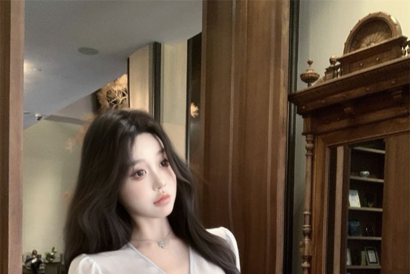 + V-Neck Plain Long Set: Camisole Bow Top Sleeve Blouse Peplum