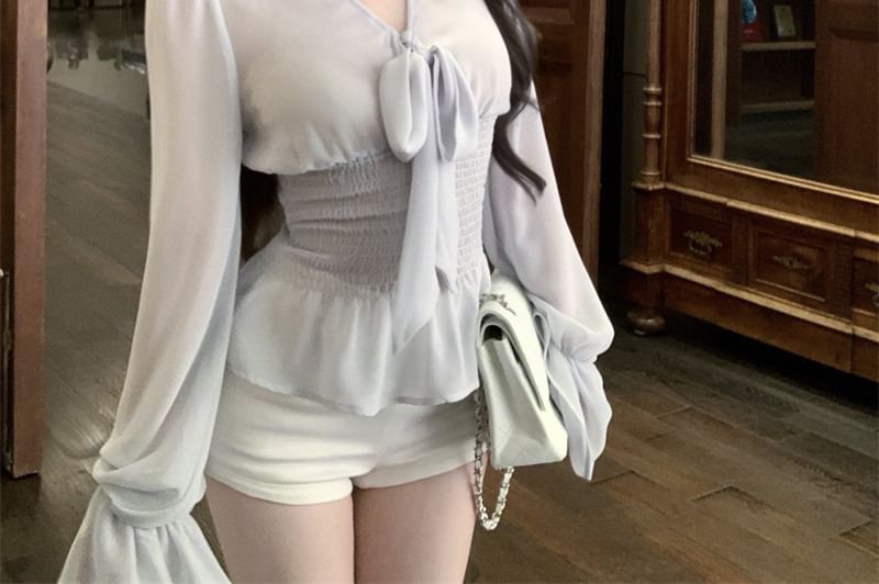 + V-Neck Plain Long Set: Camisole Bow Top Sleeve Blouse Peplum