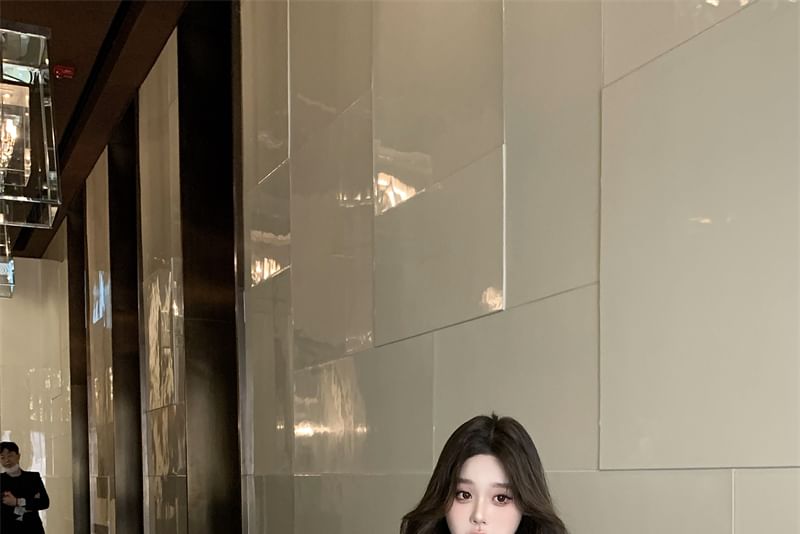 + V-Neck Plain Long Set: Camisole Bow Top Sleeve Blouse Peplum