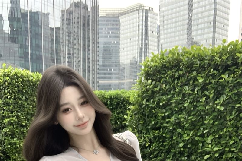 + V-Neck Plain Long Set: Camisole Bow Top Sleeve Blouse Peplum