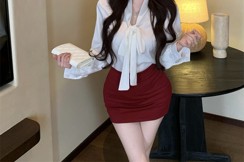 Plain Sleeve Rise Long Blouse High Neck Mini Tie Pencil Skirt / Satin