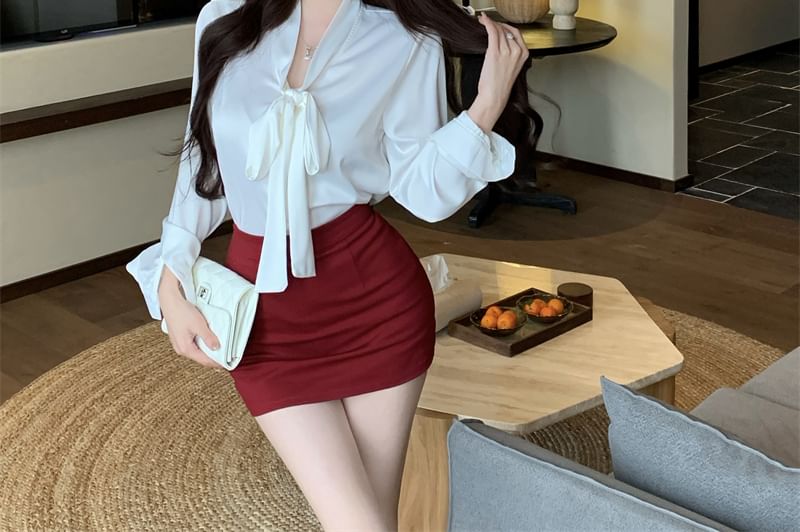 Plain Sleeve Rise Long Blouse High Neck Mini Tie Pencil Skirt / Satin