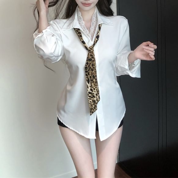 Collared Shirt Sleeve Long Plain Lace Panel