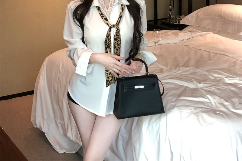 Collared Shirt Sleeve Long Plain Lace Panel