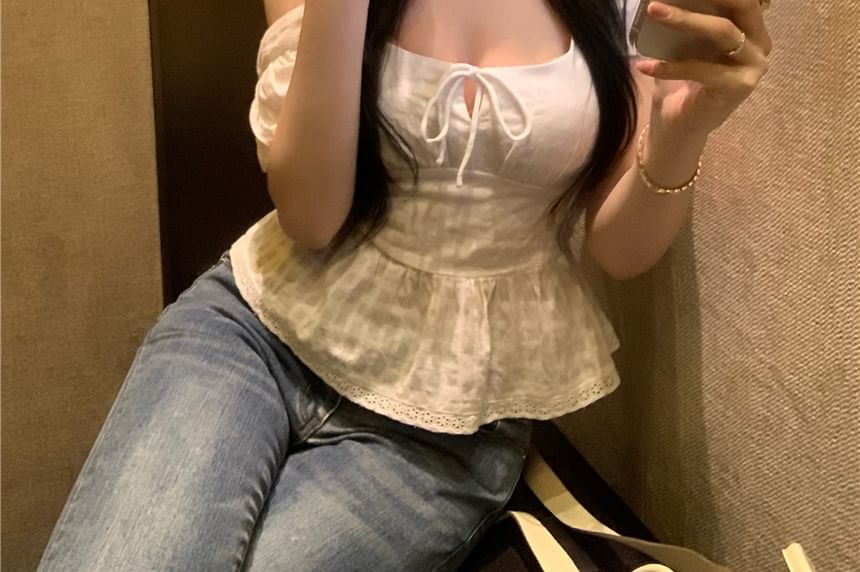 Square Short Blouse Front Tie Plain Peplum Neck Sleeve