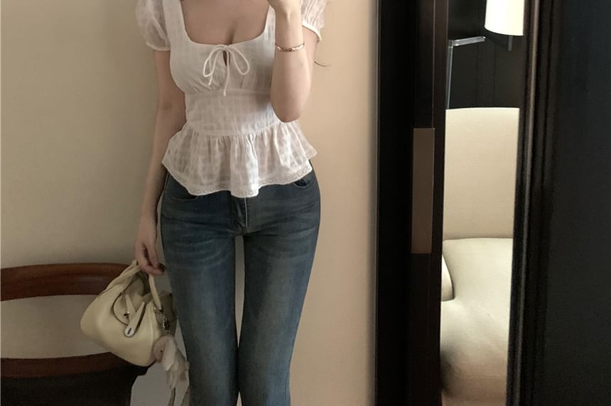 Square Short Blouse Front Tie Plain Peplum Neck Sleeve
