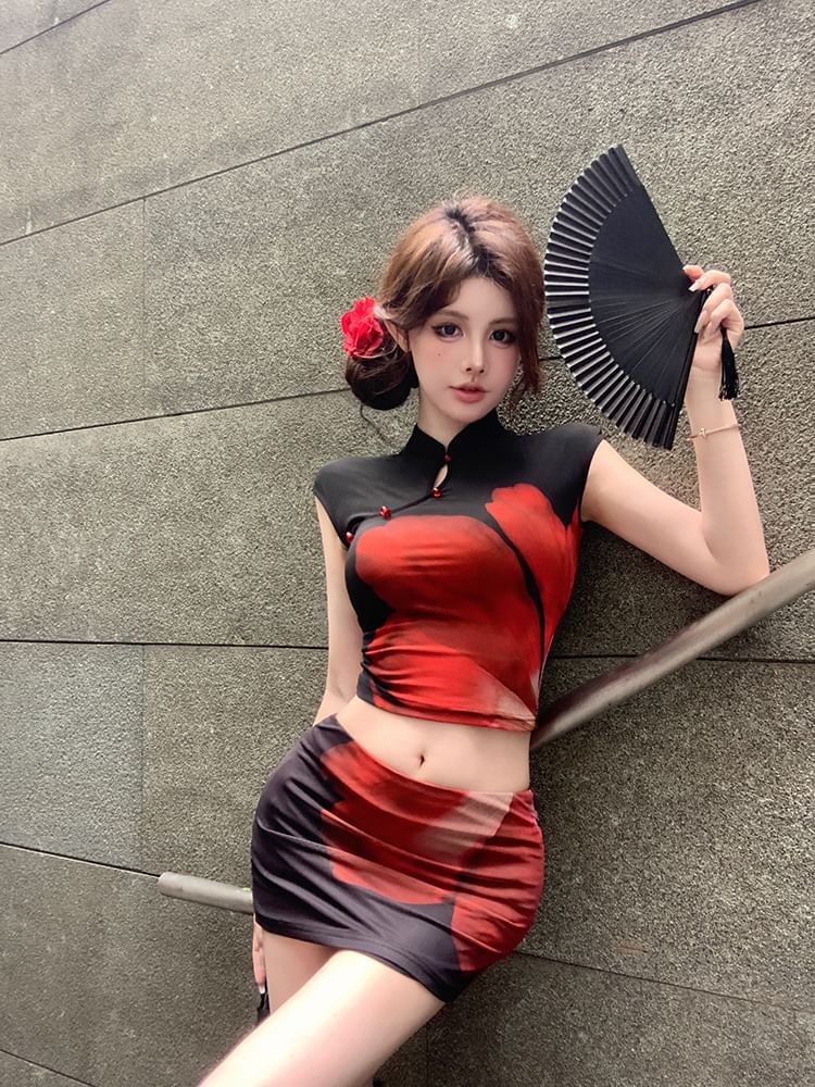 Mini / Collar Mid Waist Cap Pencil Crop Print Skirt Floral Sleeve Mandarin Top