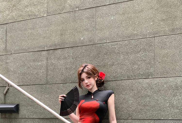 Mini / Collar Mid Waist Cap Pencil Crop Print Skirt Floral Sleeve Mandarin Top