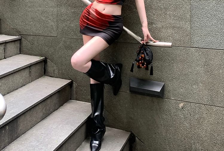 Mini / Collar Mid Waist Cap Pencil Crop Print Skirt Floral Sleeve Mandarin Top